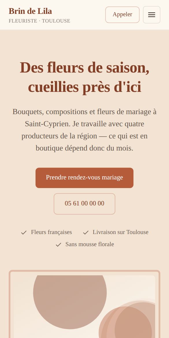 Exemple de site : Brin de Lila, Fleuriste · style Chaleureux